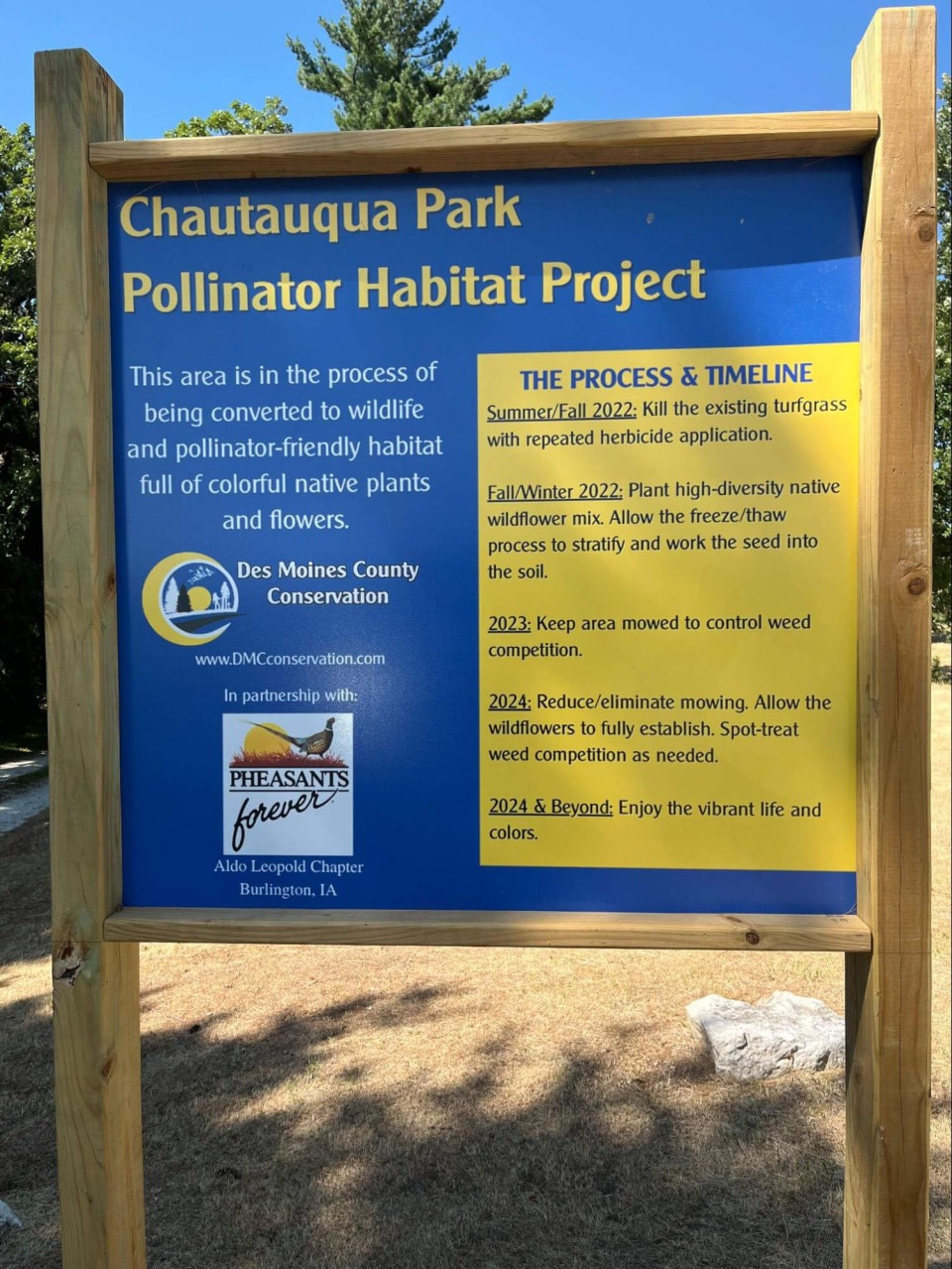 Chautauqua Park Pollinator Habitat sign about the project timeline.